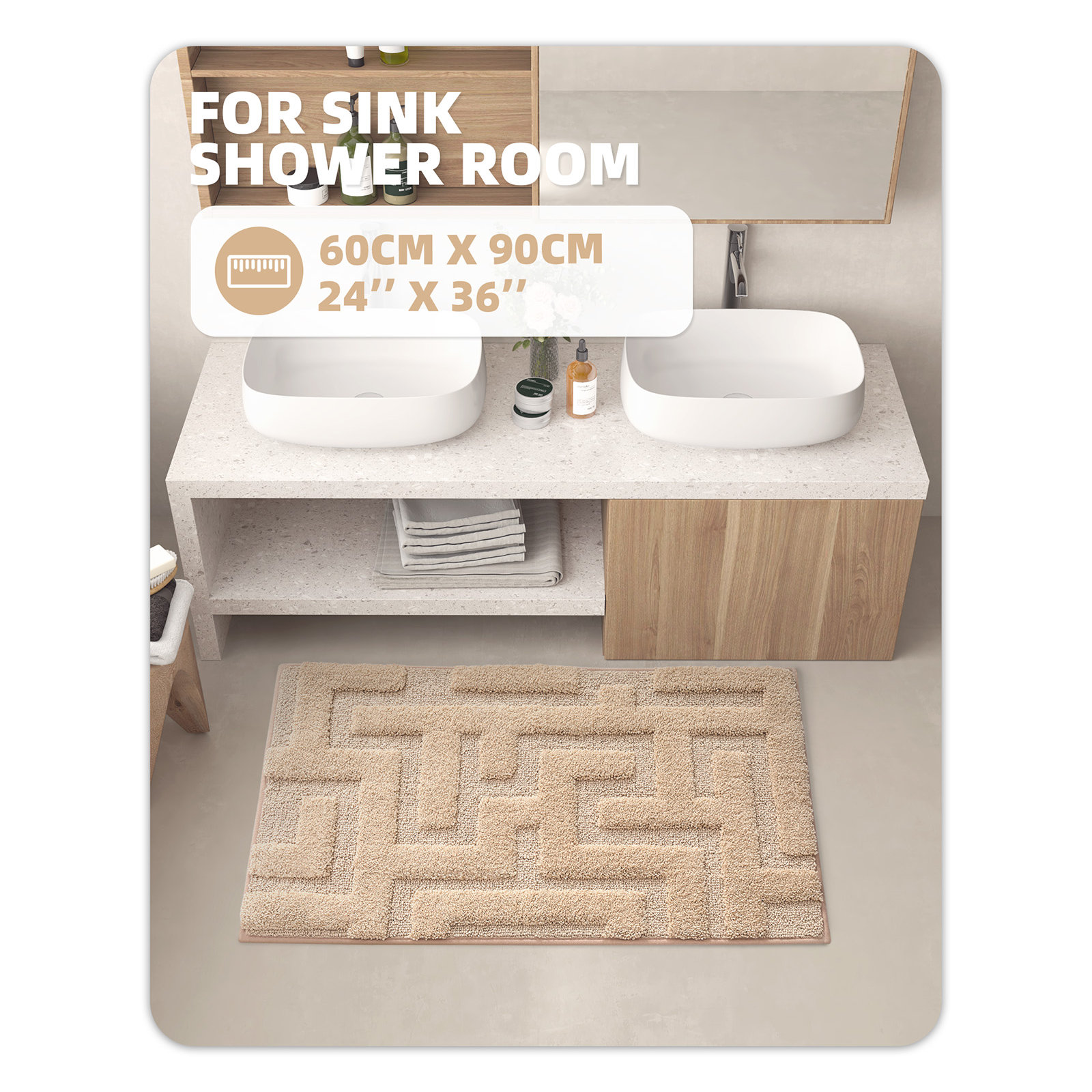 Non-Slip Bath Rug, 24" L x 36" W, Khaki