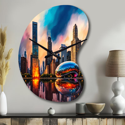 Facen Chicago City Architecture II - White Asymmetrical Metal Wall Clock, Traditional Unique Shape Wall Clock Print