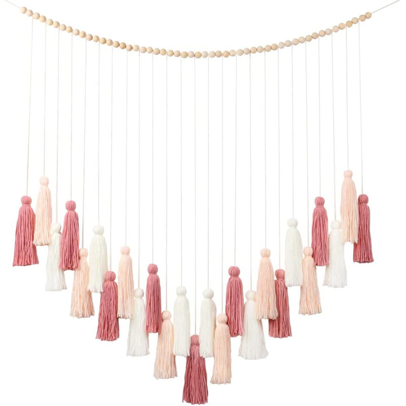 Boho Macrame Wall Hanging – Handmade Blush Pink Tassel Decor with Rose Gold Accents for Nursery, Classroom, Baby Shower, Wedding, Living Room, or Back to School Display