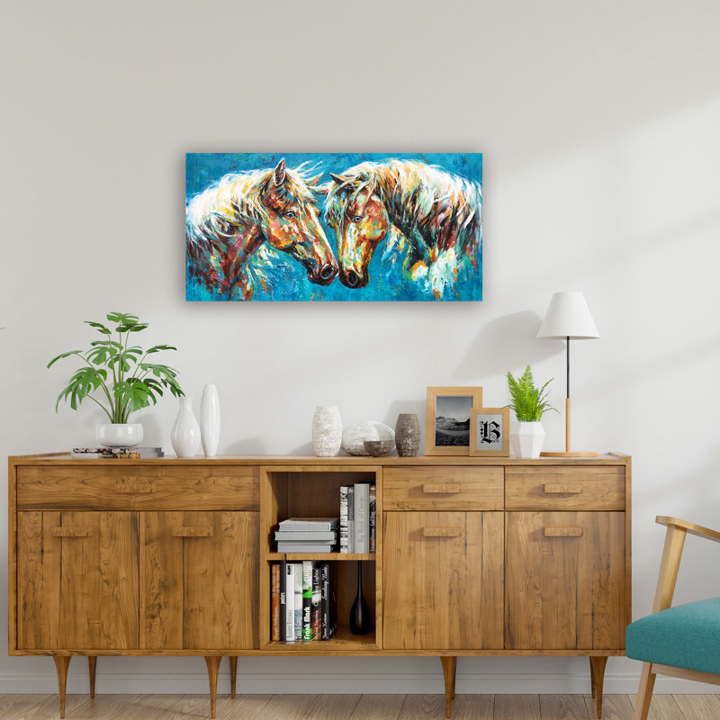 Chevaux colorés uniques et abstraits - peinture sur toile tendue, H 20 po x l 40 po x P 1,5 po