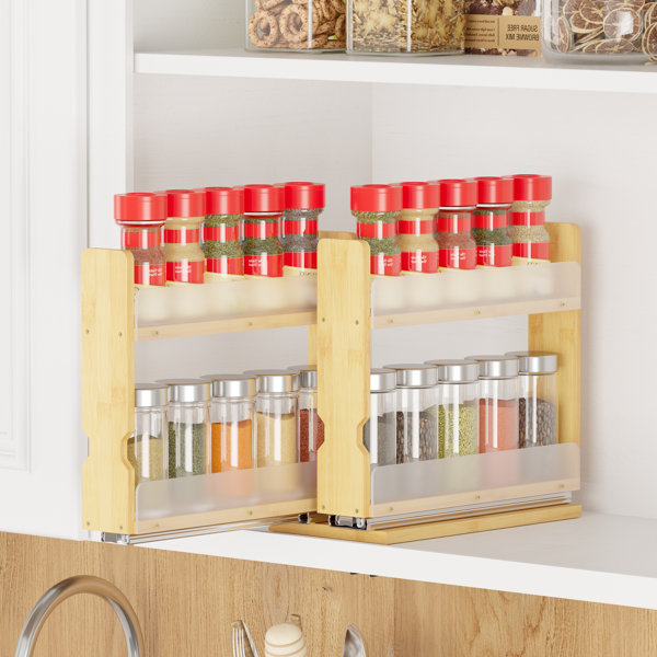 Bamboo Pull-out Spice Rack Organizer — Heavy Duty Sliding Cabinet Pantry — 5.1" W, 2-tier, 2 Drawers (2" Wide), Natural