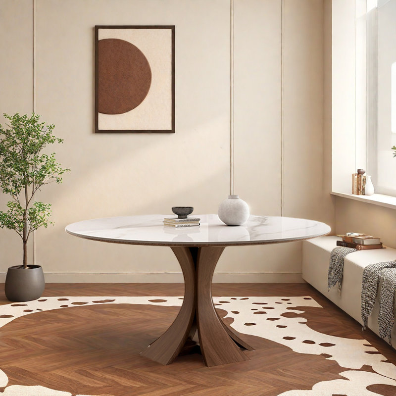 Cream-style solid wood rock plate dining table, 29.52"H x 47.24"L x 47.24"W
