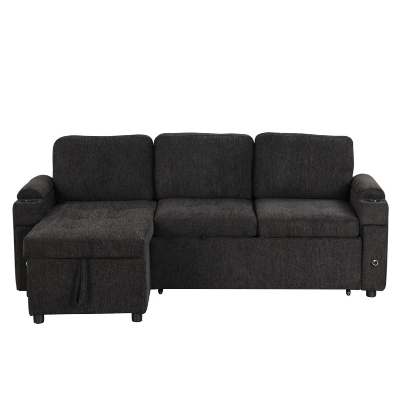 En forme de L noir avec méridienne réversible, porte-gobelets, ports et confort, rangement dissimulé pour lit convertible, revêtement en chenille,