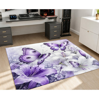 Magnifique tapis à motif floral papillon, lys violet, design artistique, lavable à la machine, antidérapant, décoration intérieure élégante pour salon, chambre, entrée, cuisine, balcon, appartement