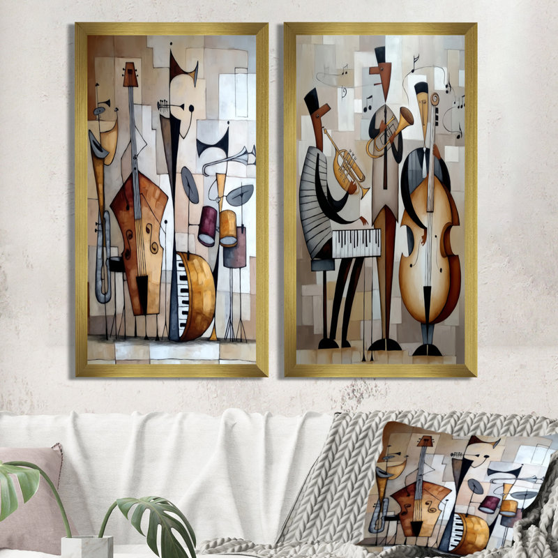 Groupe de jazz abstrait à New York - ensemble de 2 reproductions encadrées, H 32 po x l 32 po, Encadrement argenté