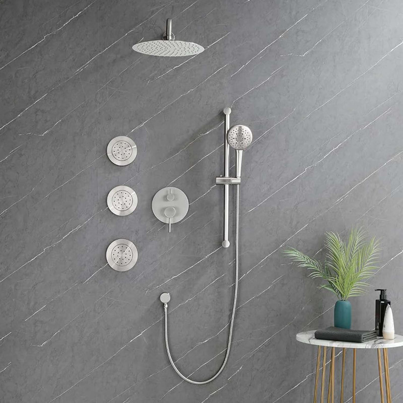 Système de douche de pluie mural avec valve à pression équilibrée, douche à main, barre coulissante, jets pour le corps et pomme de douche SUS304