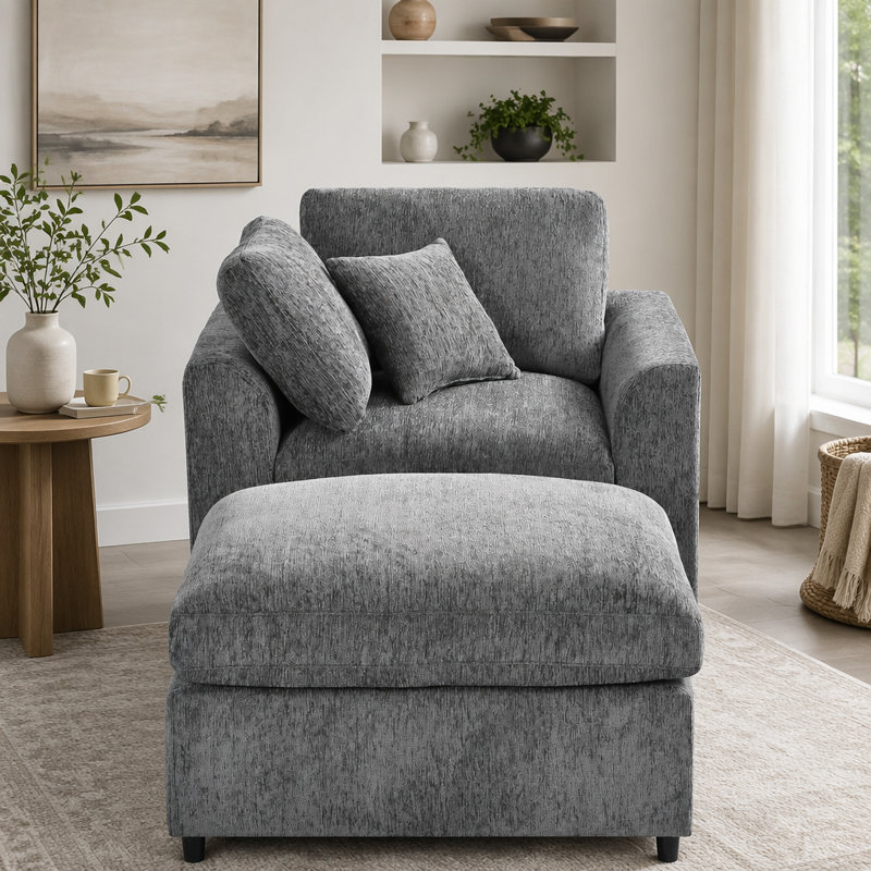 Canapé modulaire modulaire à 6 places avec tissu en chenille doux et repose-pieds mobile, 6 places l 130,3 po x P 66,7 po