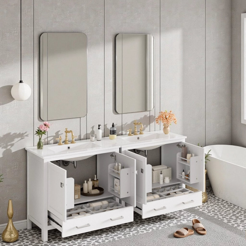 Ensemble de meuble-lavabo moderne 72 po avec deux lavabos en céramique, Blanc, 72"