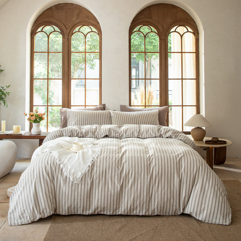 DONEUS Striped Duvet Cover Set 100% Washed Cotton Linen Like Soft Feelling Breathable Bedding, Linen Gray
