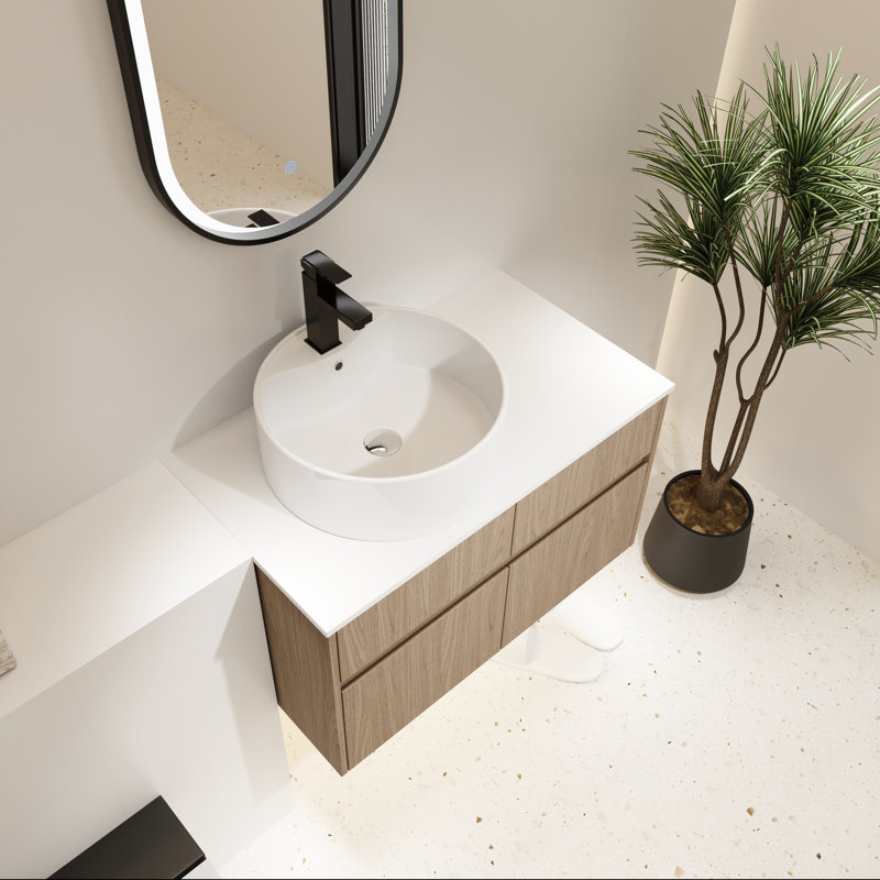 Meuble-lavabo mural 32 po avec tiroir à fermeture en douceur et lavabo en céramique, Noyer fumé
