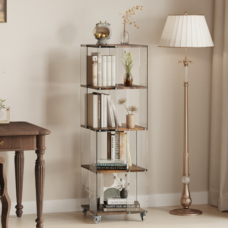 Jamisen Bookcase, Display Cabinet Curio Cabinet, Floor Standing Bookshelf, Acrylic and Wood