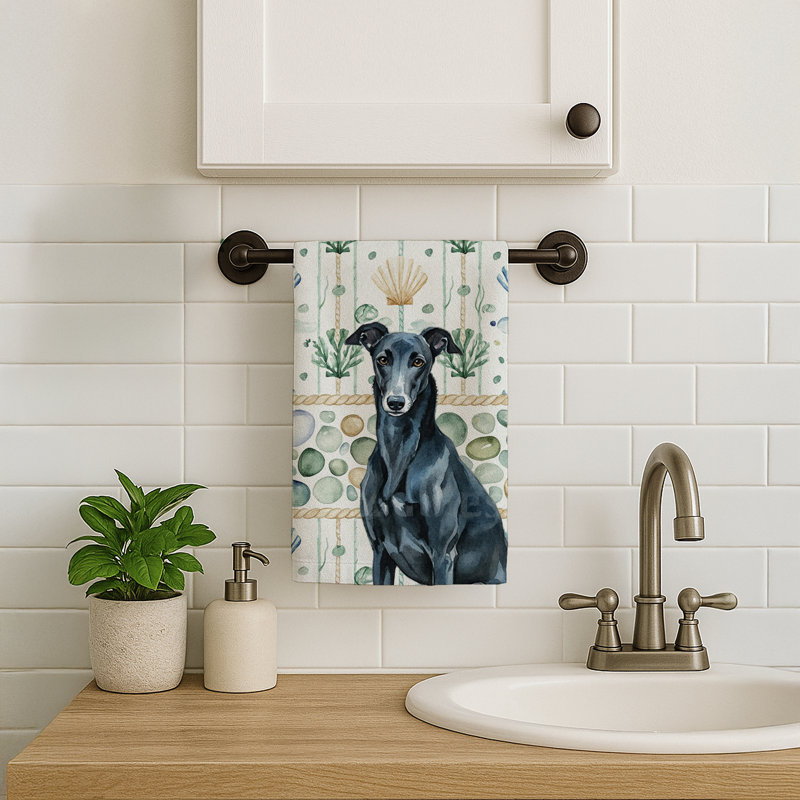 Black Greyhound Coastal Sea Glass Kitchen Towel, Black Greyhound
