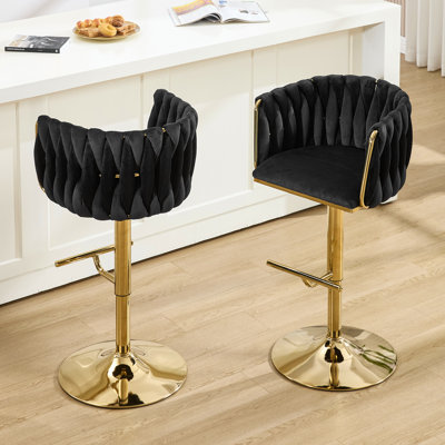 360°Velvet Swivel Bar Stools Set of 2,Gold Bar Stool Set of 2 with Woven Backrest, Modern Adjustable Counter Height Bar Stool