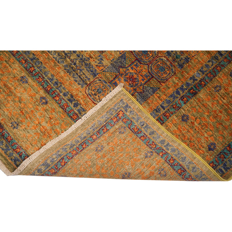 Tapis jaune / brun / bleu marine de haute qualité noué à la main