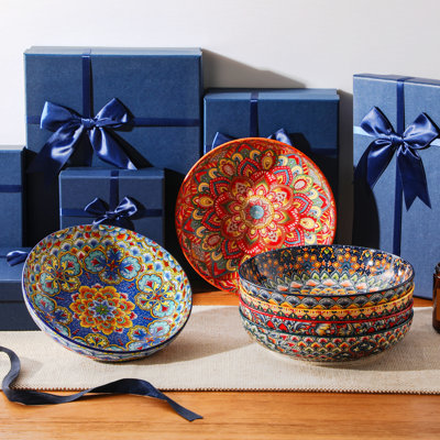 6 Piece Double-Sided Bohemian Pasta Bowl Set,38 Oz Deep Bowls,Full-Color All-Over Print,6 Unique Designs