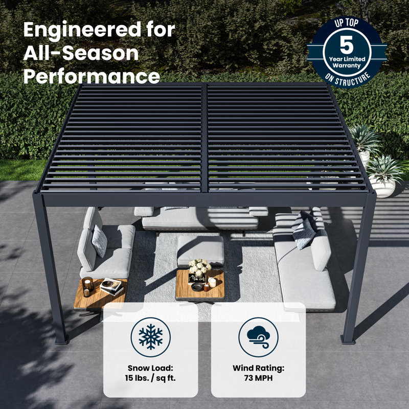 Grand Tuscan Aluminum Pergola with Adjustable Louvered Roof, 14' W x 12' D