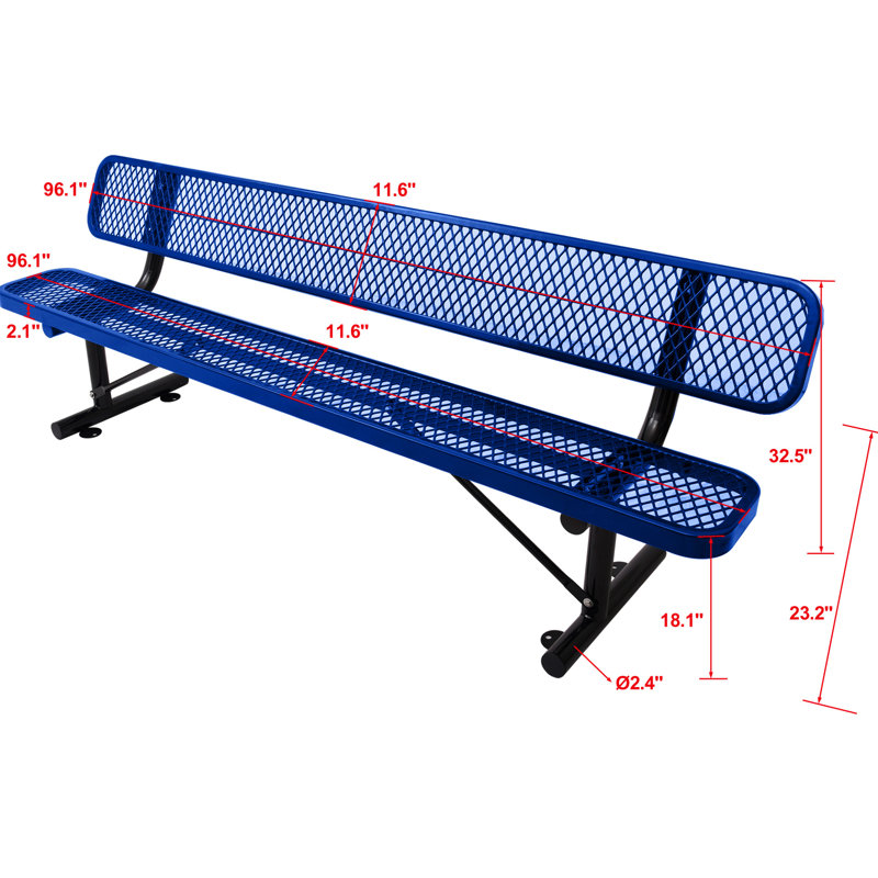 8 pi Banc d'extérieur en acier avec banc de 8 pi avec revêtement bleu thermolaqué, robuste et pour terrasse, Bleu