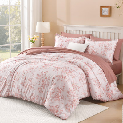 Floral Comforter Full Set, Pink Rose Flower Bedding Set, Soft Vintage Floral Bed Set, Lightweight All Seasons Comforter
