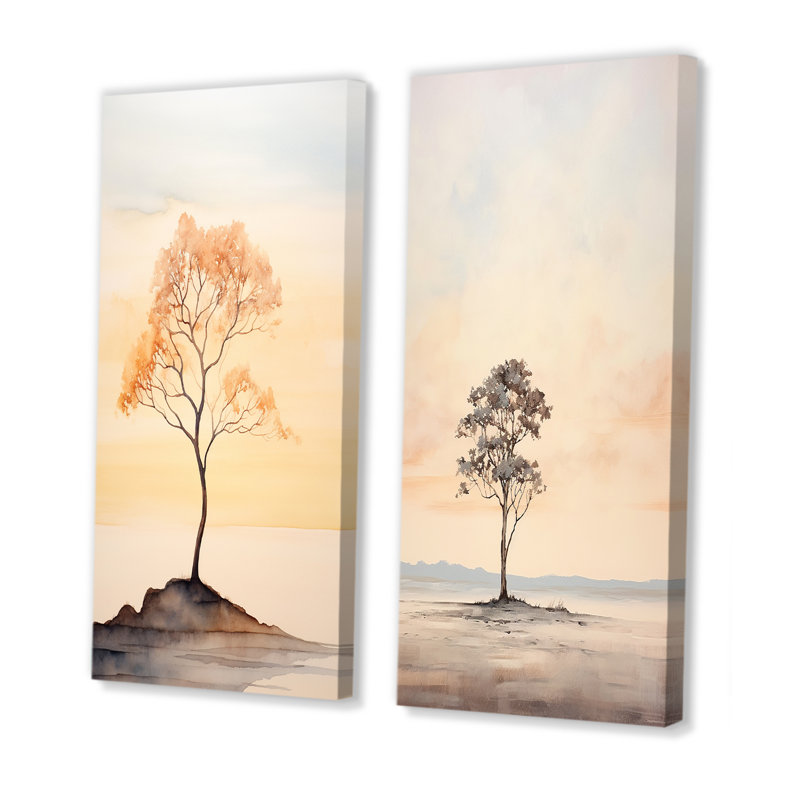 Ensemble de 2 décorations murales beige solitude beauté - arbres, H 28 po x l 25 po, Toile tendue