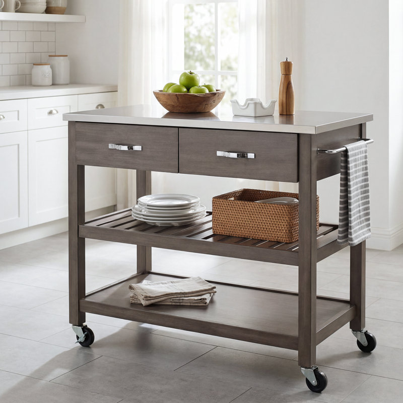 Delicia Kitchen Cart with Gray Base, Stainless Steel