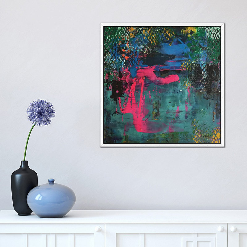 New York Subway by Linda Charles - Painting on Canvas, 45.72cm H x 45.72cm W x 3.81cm D, White Floater Framed
