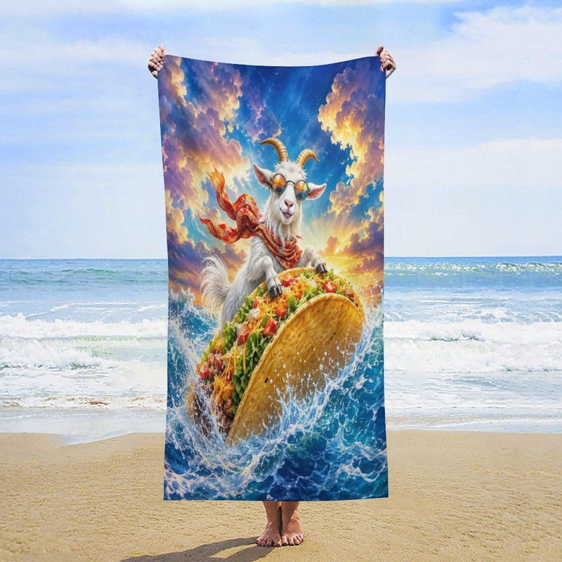 Serviette de plage surdimensionnée en microfibre Goat Taco Surfing Sunset, douce et absorbante, idéale pour la piscine et le bain, sans sable. Couverture de voyage à séchage rapide pour les pique-niques et les vacances, 76 x 152 cm.