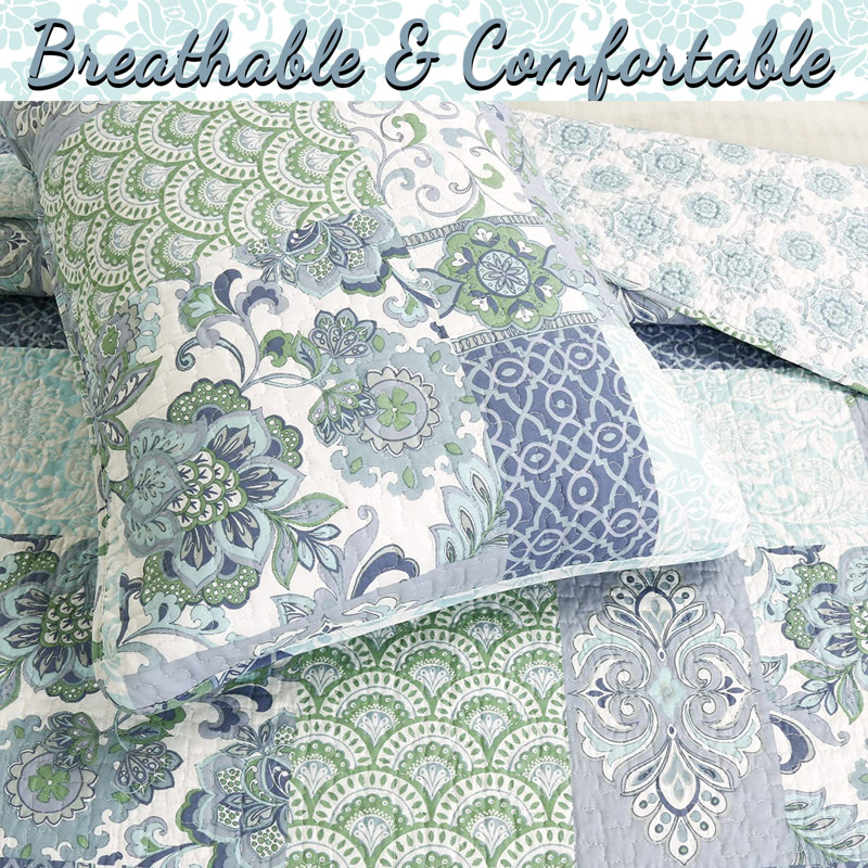 King Blue Cotton Reversible Patchwork Quilt Set