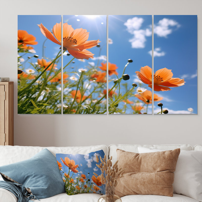 «Orange Poppies Blue Summer Sky - Poppy», ensemble d'art mural 4 pièces, H 28 po x l 48 po