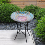 Brad Outdoor 18" Handpainted Glass Flower Birdbath with Folding Metal Stand, Weather-Resistant Outdoor Garden Accent