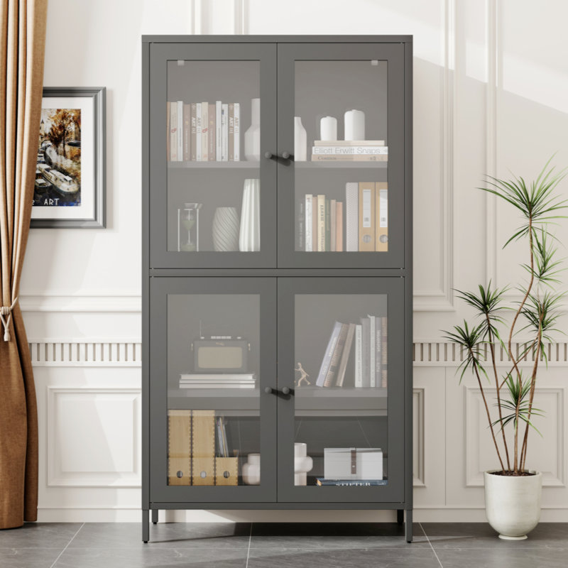 Classic Metal Storage Cabinet Display Cabinet With 4 Glass Doors 4 Shelves Cabinet Bookcase Side Cabinet For Home Office Living Room Kitchen Hallway