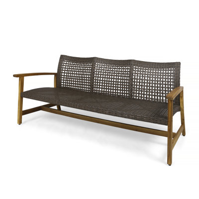 Outdoor Acacia Wood Wicker 3 Seater Sofa, Patio Furniture Conversation Set for Backyard