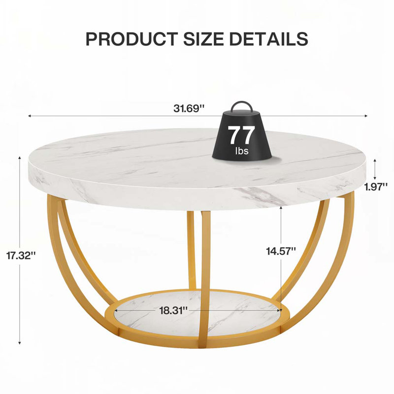 Table basse ronde, table basse à 2 niveaux de 31,7 po avec pieds en faux marbre et en métal, table d'appoint avec centre de table circulaire pour le salon