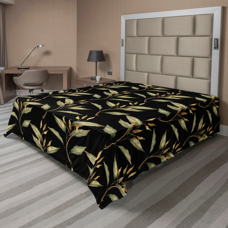 Ambesonne drap plat botanique feuilles d'or branches art jaune vert et gris foncé, Drap plat pour très grand lit californien