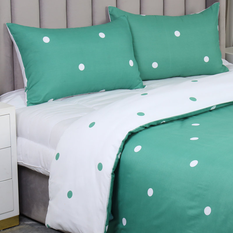 250TC Brushed Microfiber Duvet Cover Set with Pillowcases (3 in 1), Green/White Polka Dots