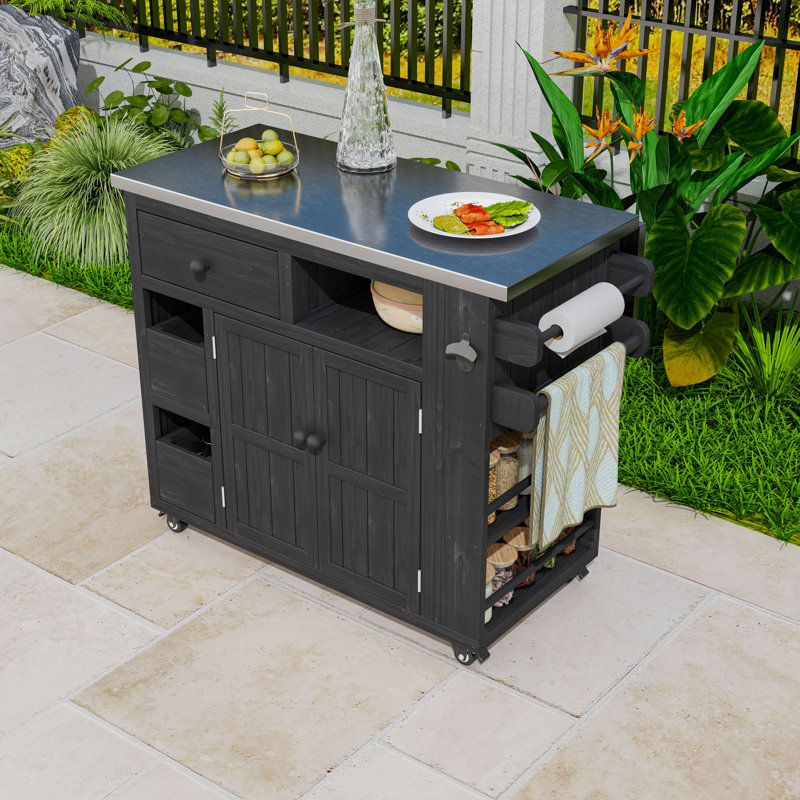 Îlot de cuisine extérieur extensible avec tiroirs, armoire et support à épices latéral, Noir