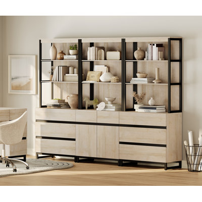 Aadam 3-Piece Modern 72" Tall Bookcase With 6 Drawers And Adjustable Shelves, Freestanding Library Book Shelf With Storage Cabinet And Open Shelves For Home Office, Living Room