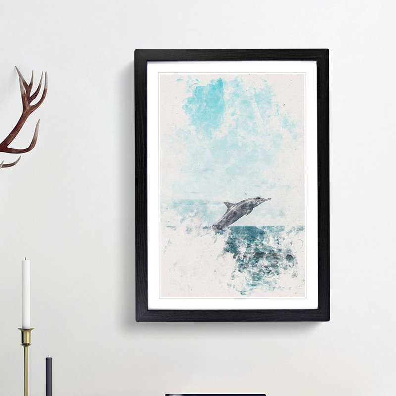 Jumping Dolphin Watercolour 1 Piece Single Picture Frame Painting on MDF, 63cm H x 45cm W x 2cm D, Black Framed