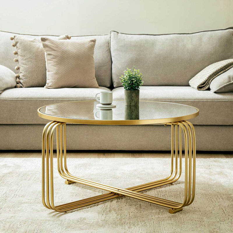 Adero 93cm Round Metal Coffee Table For Living Room Furniture, Center Table with Mirror Top