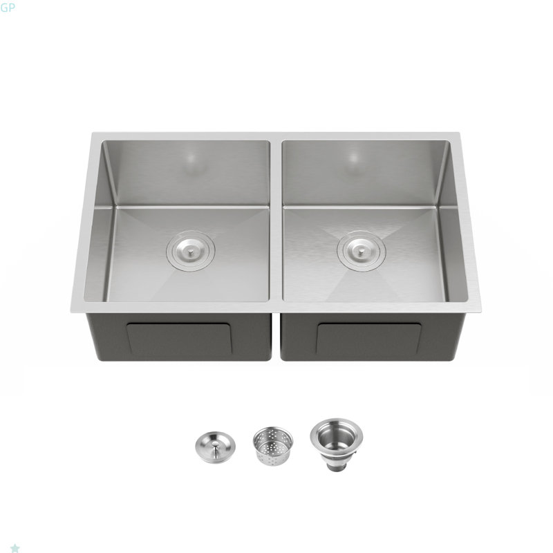 Évier de cuisine encastré 33 po x 19 po à double cuve, lavabo encastré à la main brossé (évier seulement)