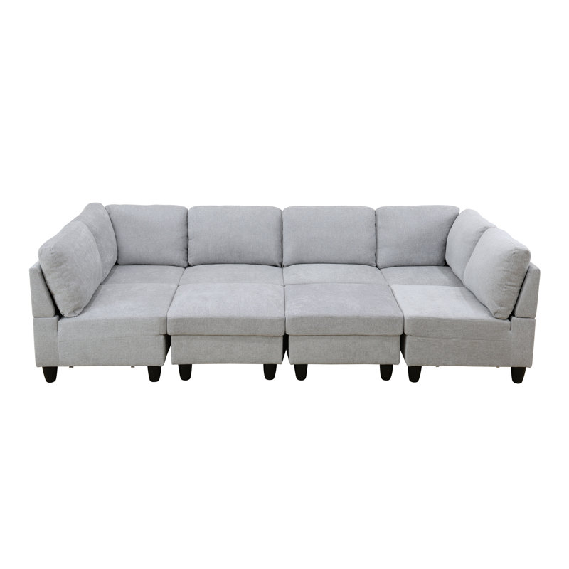 Canapé modulaire réversible de 118 pièces en flanelle de 118 po avec repose-pieds, Gris / blanc / flanelle