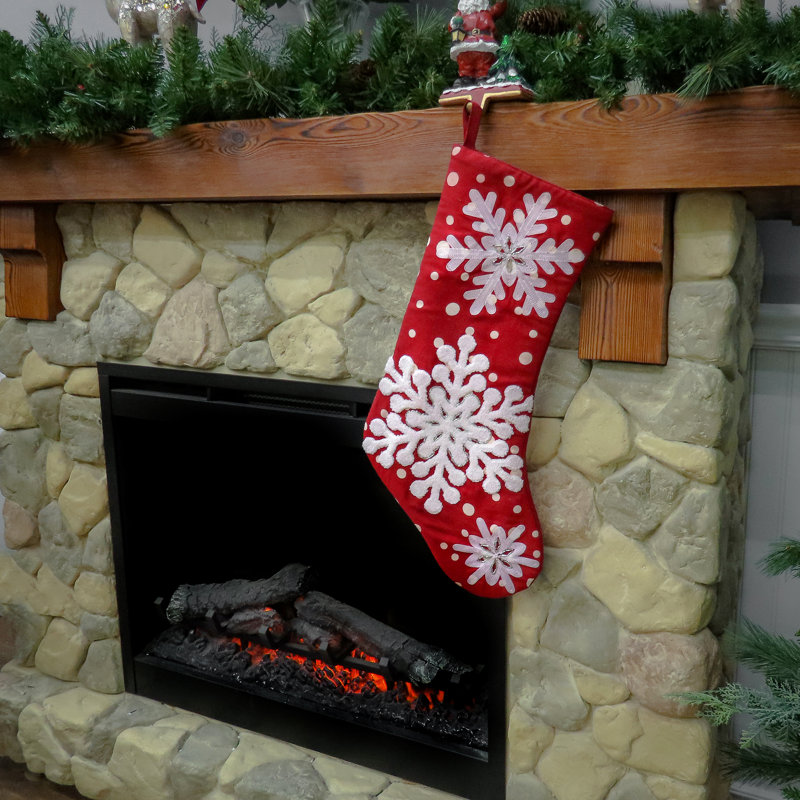 20" Red Christmas Stocking with Snowflake Embroidery and Bead Detail