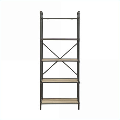 Bibliothèque industrielle 5 tablettes 23 "x 13" chêne antique et gris sable | Gris, chêne | Métal, bois synthétique