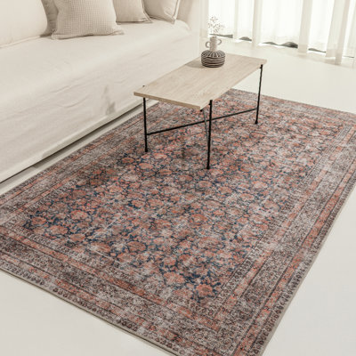 Tapis rétro avec poignées Canton, 5 pi x 8 pi | Revers Grip Matters, design rétro, palette argile rose et graphite, tissage à plat dense