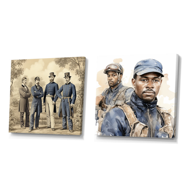 Ensemble de 2 reproductions rétro sur toile de style militaire, Toile tendue, H 16 po x l 33 po x P 1 po