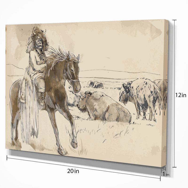 Imprimé de cheval d’équitation indien-impression de dessin, H 20 po x l 20 po x P 1 po, Toile tendue