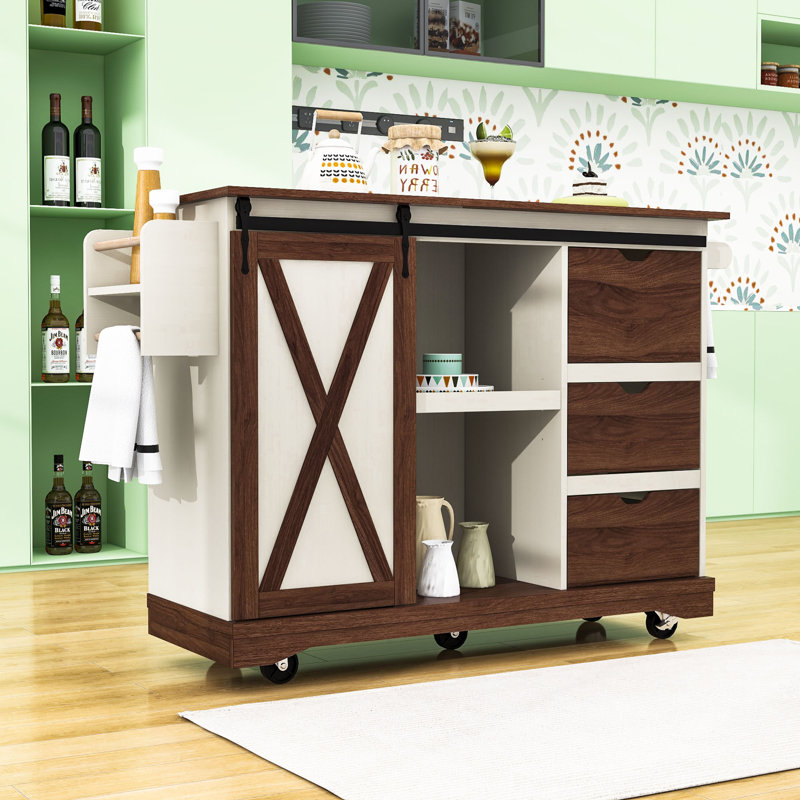Kitchen Island with Drop Leaf, Barn Door and Power Outlet, White/Brown