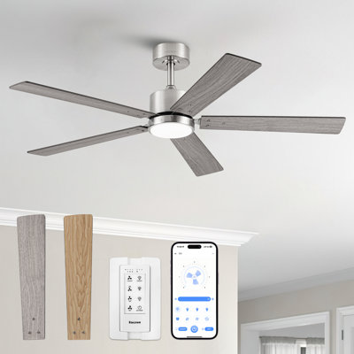 Ventilateur de plafond intelligent à DEL à intensité variable de 52 po, APP et télécommande, moteur CC réversible à 6 vitesses, 3 lumières de couleur, minuterie, pales de bois à double face, tiges verticales de 6 po / 10 po