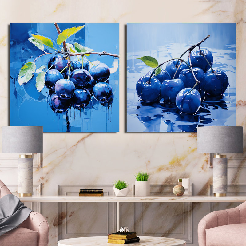 Bleu azur bleu azur abstrait - fruits carré collage ensemble de 2, Toile tendue, H 16 po x l 33 po