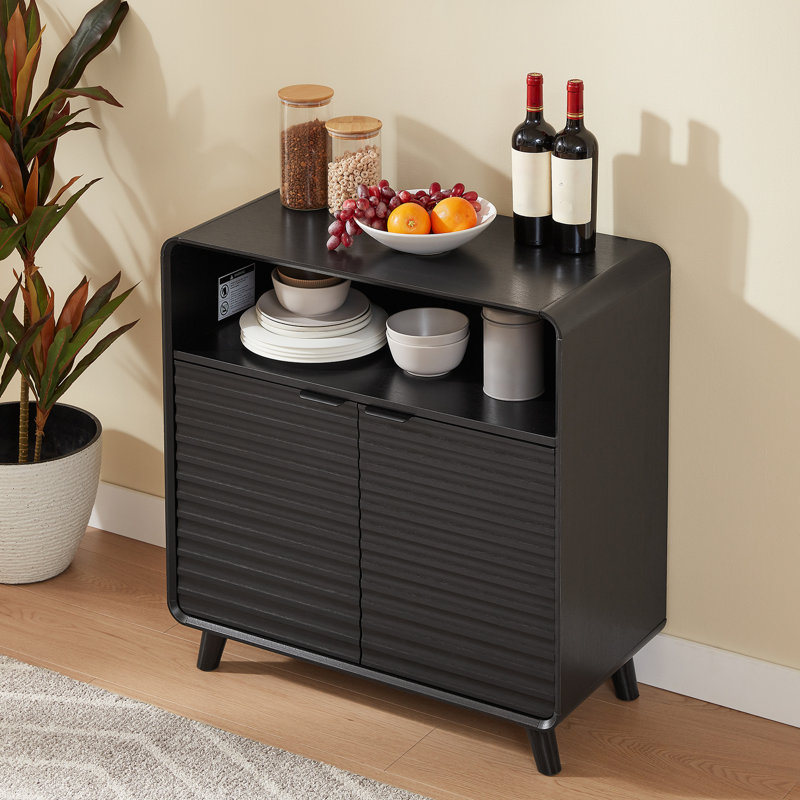 31.5" Curved-Edge 2-Door Buffet With Open Shelves And Grooved Trim Finish, Sideboard With Adjustable Shelves For Dinning, Kitchen