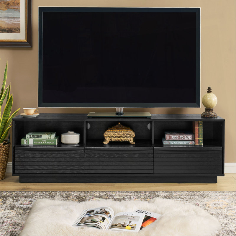63" Mid-Century Modern TV Stand For Tvs Up To 75", Thick Sturdy Farmhouse Entertainment Cabinet, Media Console For Living Room, Louver Design & Solid Wood Drawers & Outlet Holes